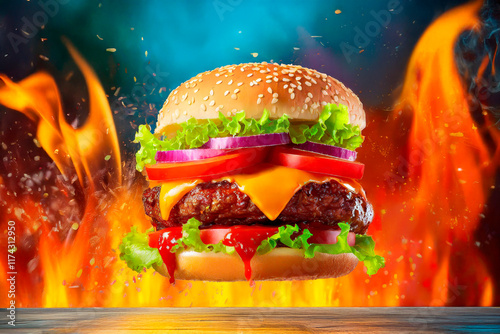 Flying burger on fire.