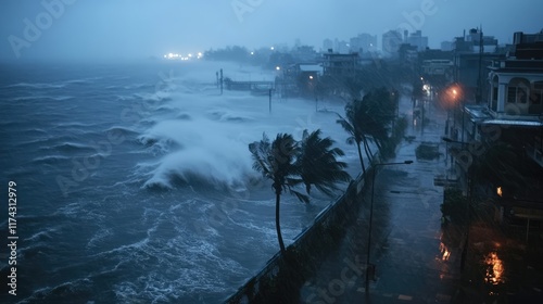 An intense typhoon making landfall, with rain and wind battering the shoreline, waves crashing over seawalls, and streets flooding as the storm moves inland