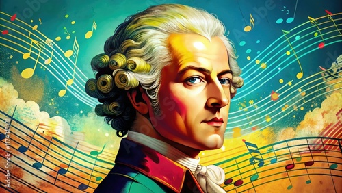 Minimalist Pop Art Mozart Portrait - Panoramic Musical Notes AI Art