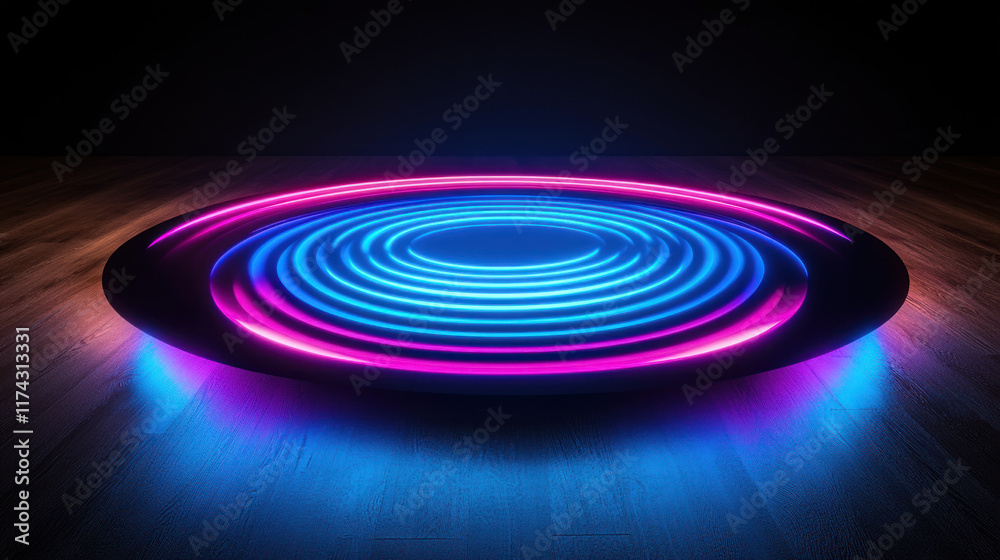 Neon circles glowing on dark wooden floor. Neon circles glowing on dark wooden floor.