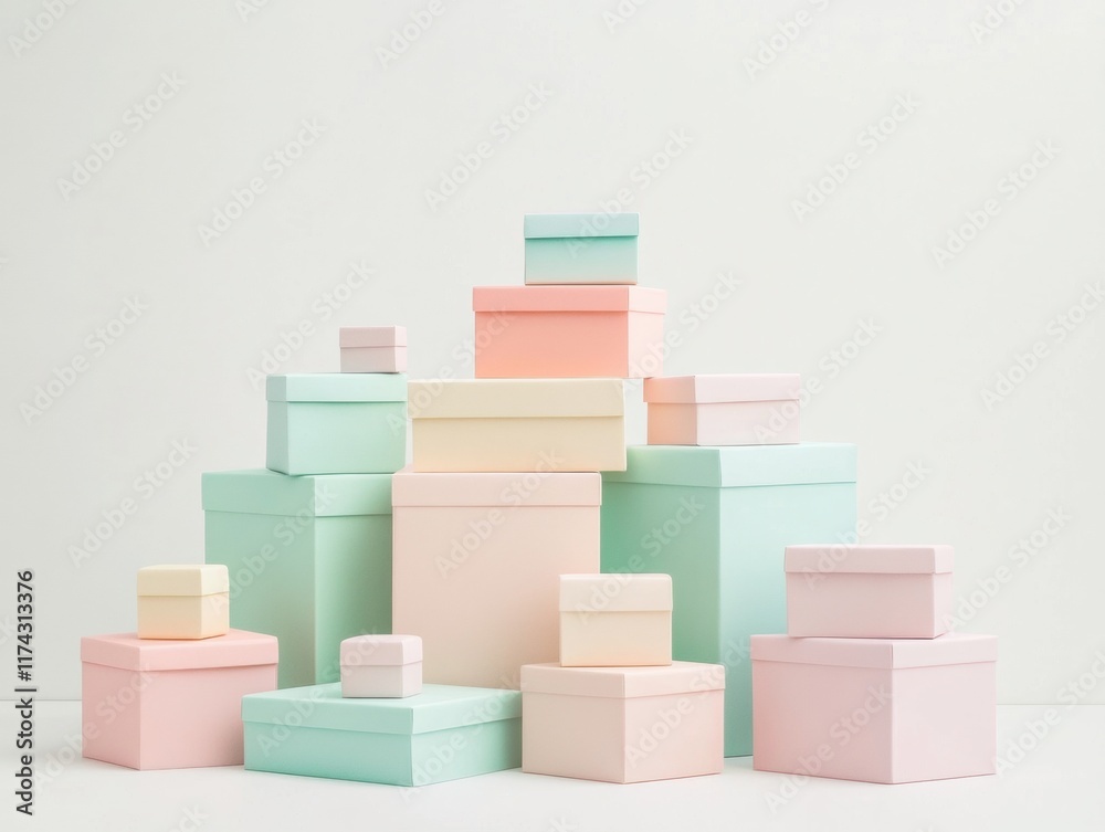 Fototapeta premium Layered pastel gift boxes on white background 