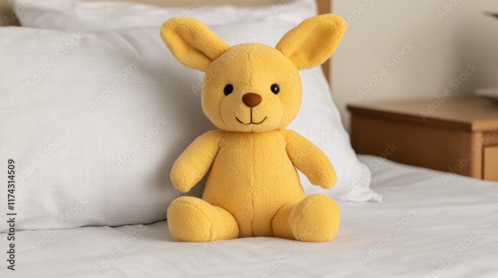 Fototapeta premium Cozy yellow plush bunny toy sitting on white bed in minimalist bedroom