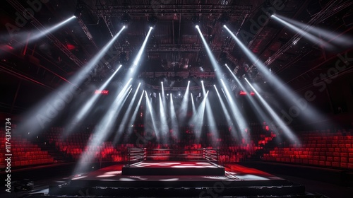 A dramatic shot of a boxing ring with red seats and white spotlights shining down from above, highlighting the tension and excitement in the arena