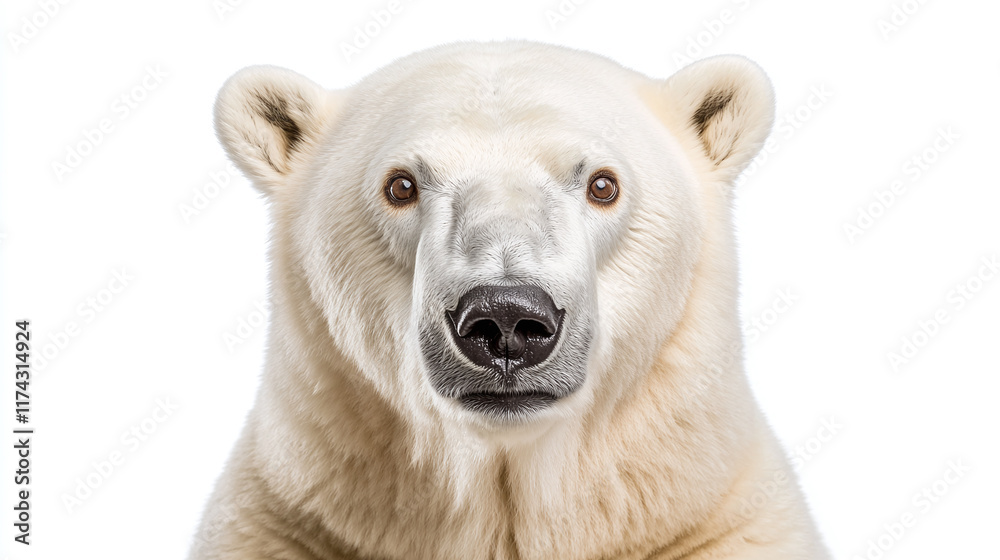 Closeup portrait of white polar bear face, looking at camera, isolated on white. arctic predator head, funny north pole winter wildlife mammal, nose, card. Closeup portrait of white polar bear face, looking at camera, isolated on white. arctic predator head, funny north pole winter wildlife mammal, nose, card.
