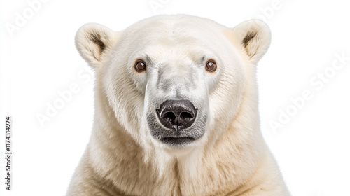 Closeup portrait of white polar bear face, looking at camera, isolated on white. arctic predator head, funny north pole winter wildlife mammal, nose, card.