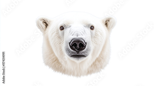 Closeup portrait of white polar bear face, looking at camera, isolated on white. arctic predator head, funny north pole winter wildlife mammal, nose, card.