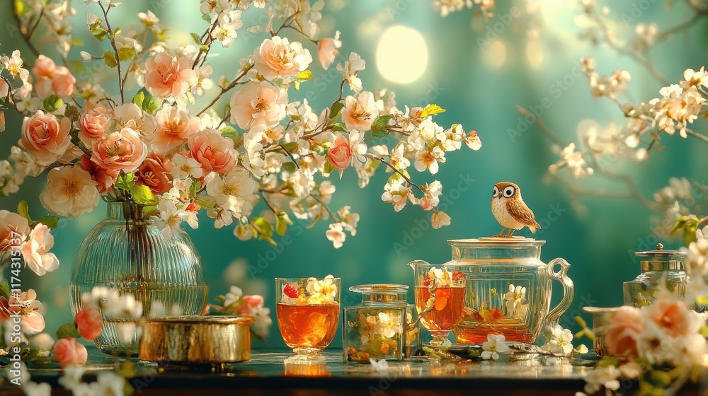 Enchanting spring tea table with blossoming flowers and curious owl Enchanting spring tea table with blossoming flowers and curious owl