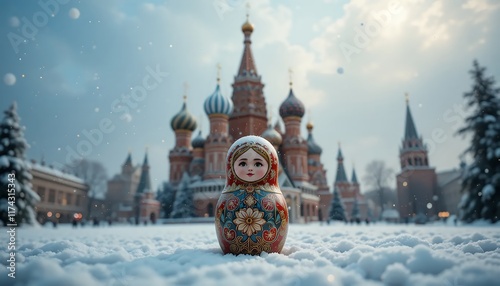 Matryoshka doll nestled in the snow before the majestic Saint Basil's Cathedral in Moscow, Russia, under a breathtaking winter sky.  The enchanting scene evokes feelings of warmth, wonder and festive  photo