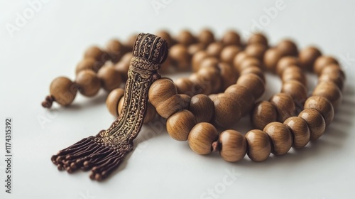 Wooden prayer beads with decorative tassel. Ideal for meditation or spiritual practice. Natural wood offers a calming tactile experience. photo