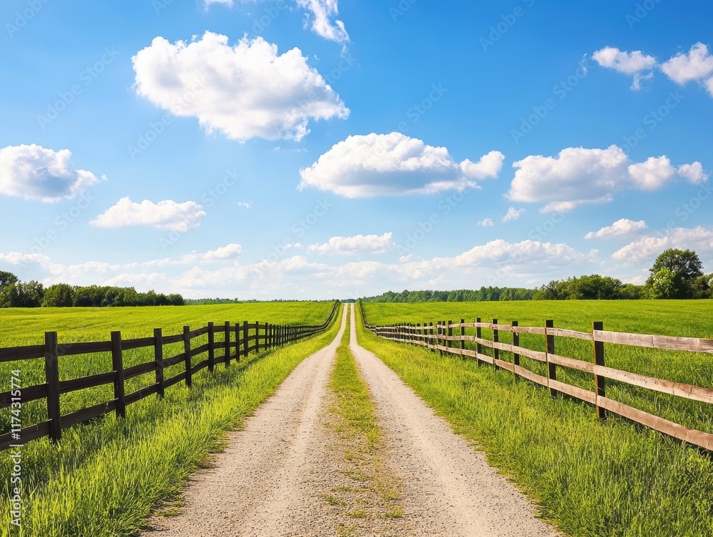 A picturesque dirt road stretches through lush green fields, bordered by a rustic wooden fence. A picturesque dirt road stretches through lush green fields, bordered by a rustic wooden fence.