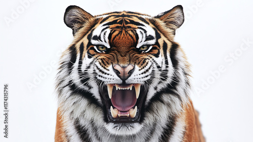 Roaring bengal tiger head logo isolated on white background. wild cat predator animal face graphic design emblem, art illustration element, angry beast showing teeth, power and strength. photo