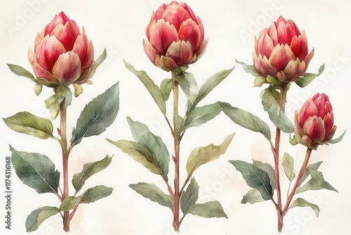 A watercolor illustration of three artichoke flowers with green leaves.