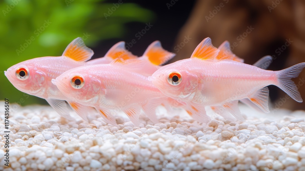 Obraz premium Vibrant pink fish in synchronized movement across pebbled aquarium floor