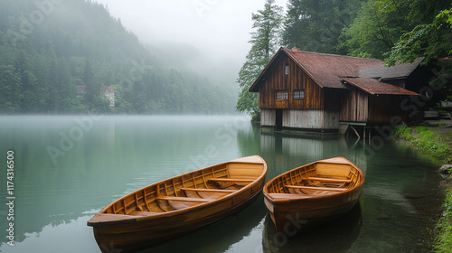 Wooden boats and house home buildings on lake water near foggy mountain. river tourism vacation scenery, peaceful tranquil village architecture.