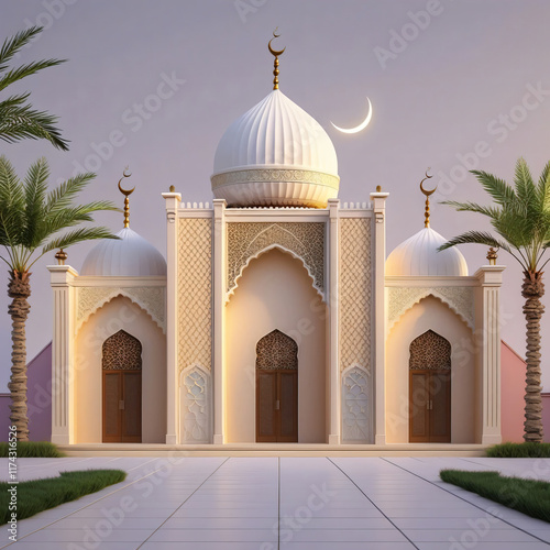 small mosque image with crescent moon but comfortable, ai generated