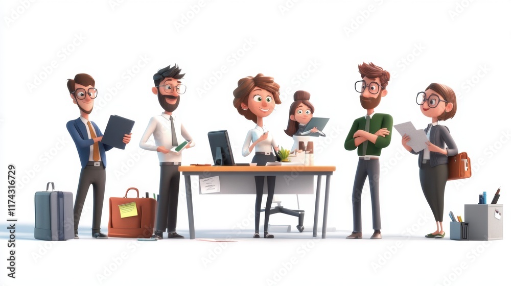 Obraz premium A Team of Cartoon Business Professionals Collaborating in a Modern Office Setting