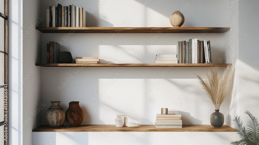 A modern wooden showcase on a white wall, featuring carefully curated decor and books, adding elegance and style to a living room or office space A modern wooden showcase on a white wall, featuring carefully curated decor and books, adding elegance and style to a living room or office space