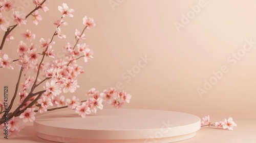 Empty round podium platform stand for product presentation and pink spring flowering Sakura branch with pink blossom flowers on peach fuzz color background