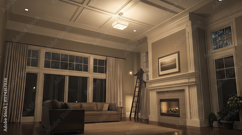 Fototapeta premium A living room scene showing someone on a ladder installing a bulb in a high ceiling light