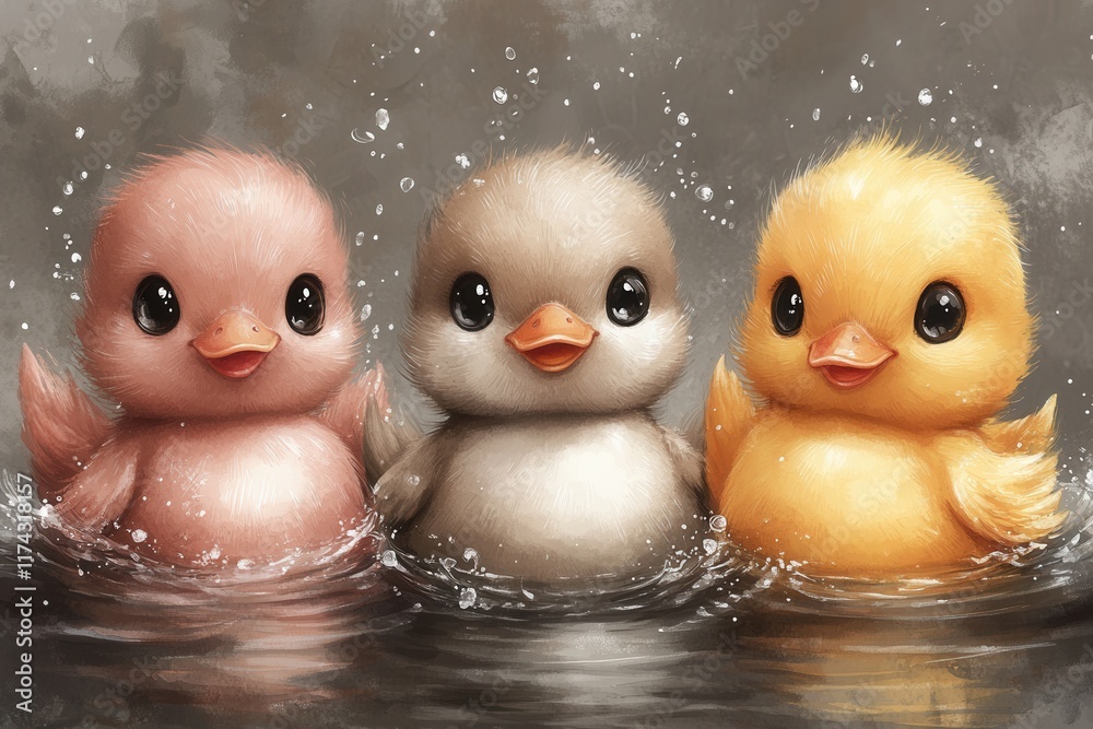 Three cute cartoon ducklings splashing in water, showcasing playful and cheerful vibes. Three cute cartoon ducklings splashing in water, showcasing playful and cheerful vibes.