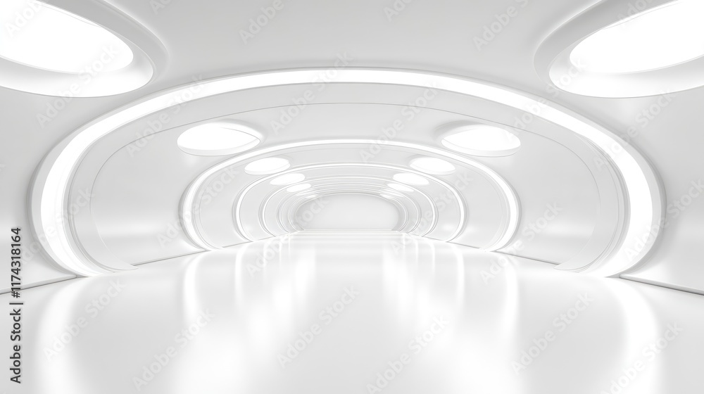 Obraz premium Empty space inside futuristic room, showroom, spaceship, hall or studio in perspective view. Include ceiling, hidden light, white floor. Modern background design of future, technology.