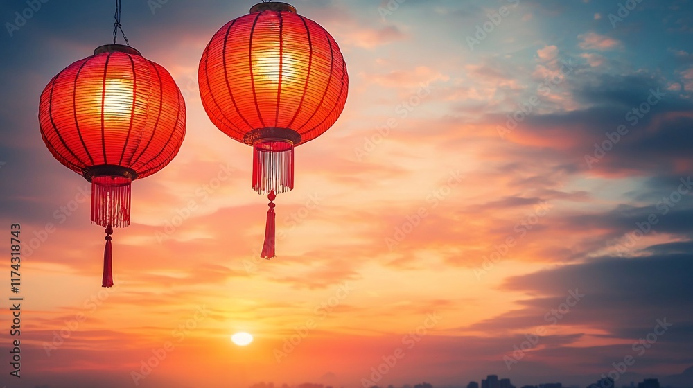 Fototapeta premium Two red lanterns illuminated at sunset.