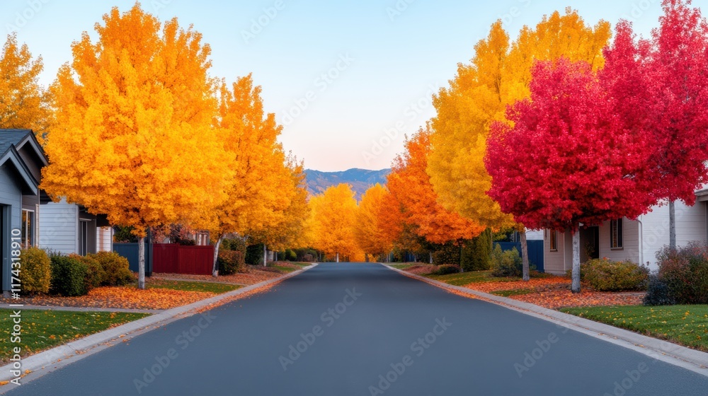 Naklejka premium Autumn suburban street with vibrant orange and red trees