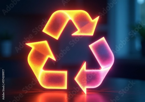 Neon recycling symbol glowing softly against a dark background in a modern setting photo