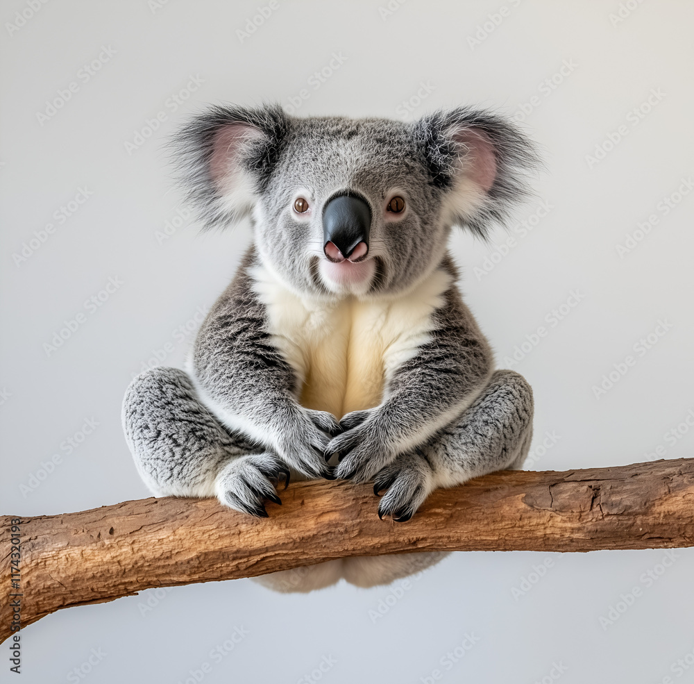 Naklejka premium koala sitting on the tree branch against a white background.