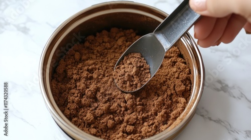 A person measuring out powdered taurine supplement into a bowl of homemade cat food