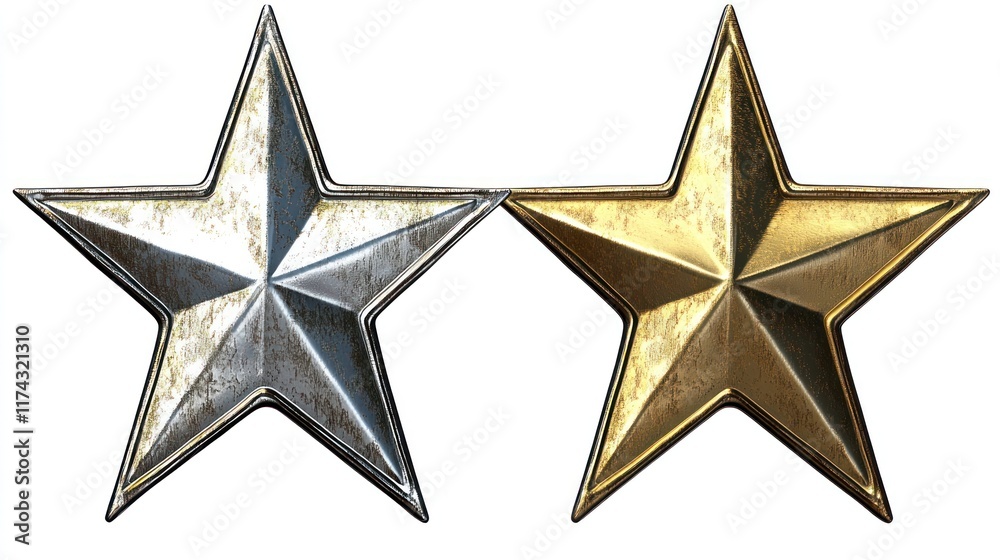 Obraz premium Two metallic five-point stars one silver and one gold. Great for rating systems awards or decorative elements.