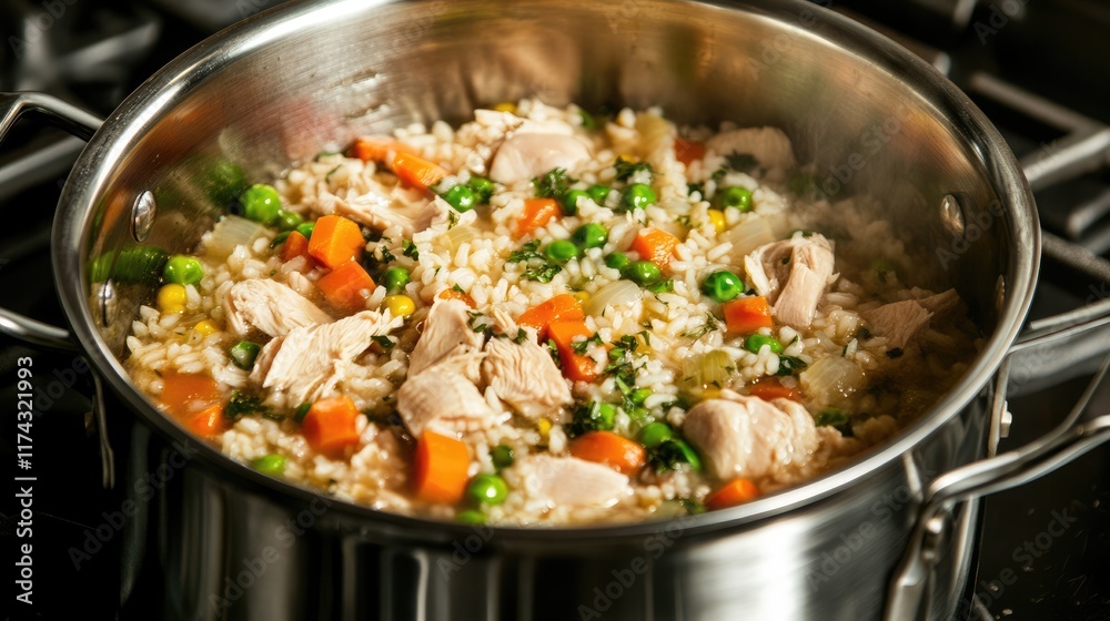 A pot of boiling chicken and rice on the stove, part of the cooking process for homemade cat food A pot of boiling chicken and rice on the stove, part of the cooking process for homemade cat food