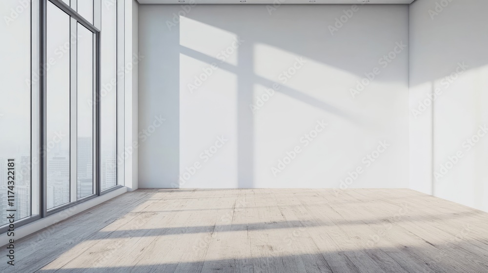 Obraz premium Empty white room with white wall, wooden floor and big window. Studio or office blank space. Empty template for interior product. Background for branding design showcase with copy space