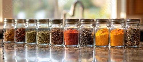 Fototapeta Naklejka Na Ścianę i Meble -  A row of ten glass spice jars with various spices, all lined up on a kitchen counter, with a blurred background of a kitchen sink.