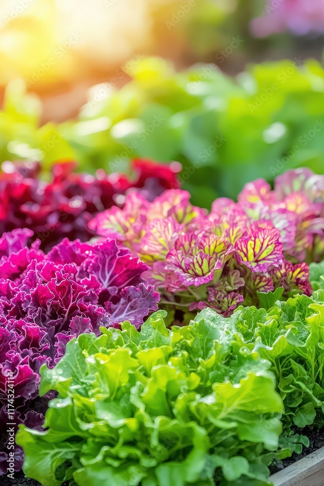 A lush garden with morning sunlight shining on coral lettuce. A lush garden with morning sunlight shining on coral lettuce.