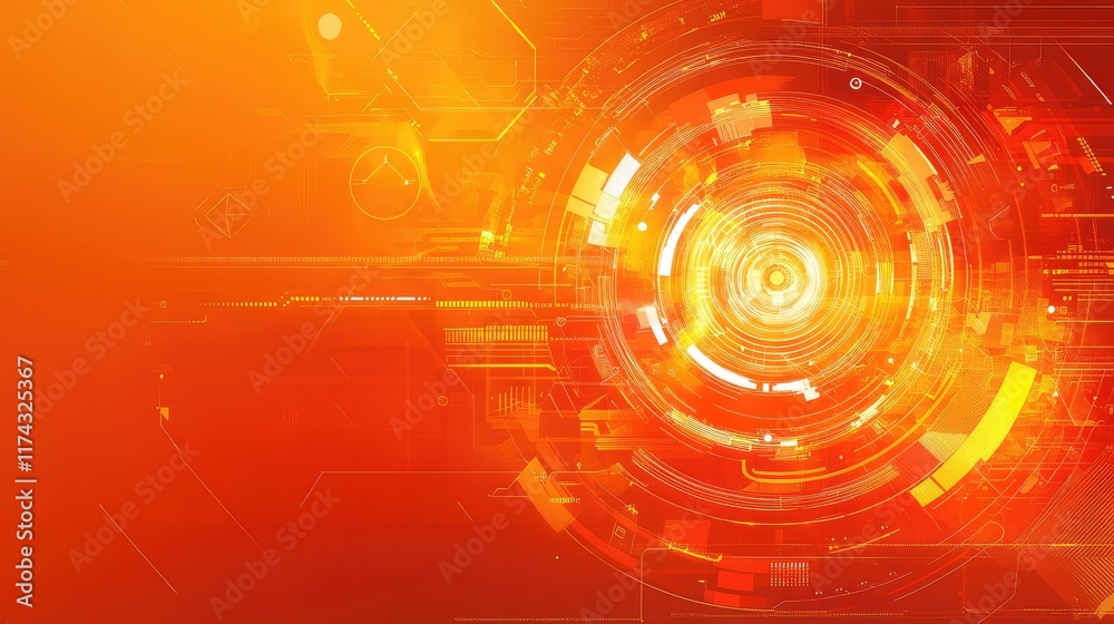 Fototapeta premium Abstract geometric shapes forming a digital AI representation of business solutions on a futuristic gradient background. Copy space surrounds.