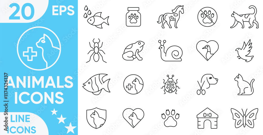 Fototapeta premium Animals line icons set.Line art style icons bundle. Included the icons as dog, cat, animals, bird, fish, and more.Vector and illustrator set.