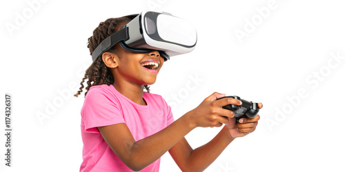 Young smiling girl wearing tshirt and virtual reality headset or VR glasses, playing video game, isolated on white background