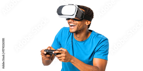 Young smiling man wearing tshirt and virtual reality headset or VR glasses, playing video game, isolated on white background