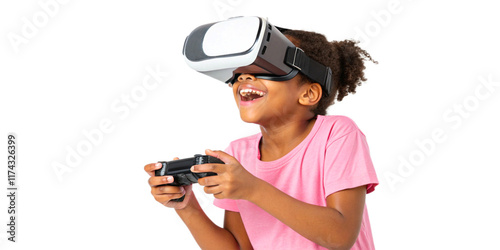 Young smiling girl wearing tshirt and virtual reality headset or VR glasses, playing video game, isolated on white background