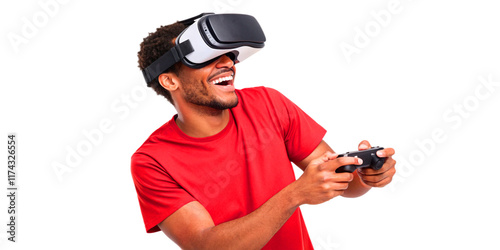 Young smiling man wearing tshirt and virtual reality headset or VR glasses, playing video game, isolated on white background