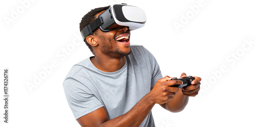 Young smiling man wearing tshirt and virtual reality headset or VR glasses, playing video game, isolated on white background