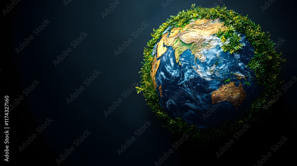 Fototapeta premium Earth globe with green leaves on dark background.