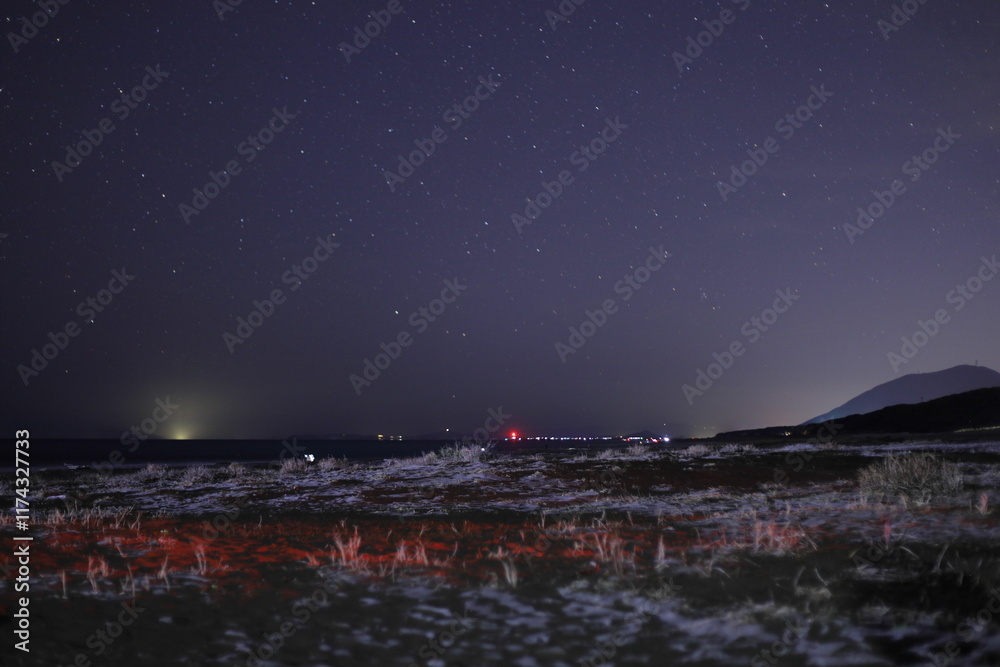 Fototapeta premium 愛知県田原市太平洋ロングビーチの星空と砂浜と港