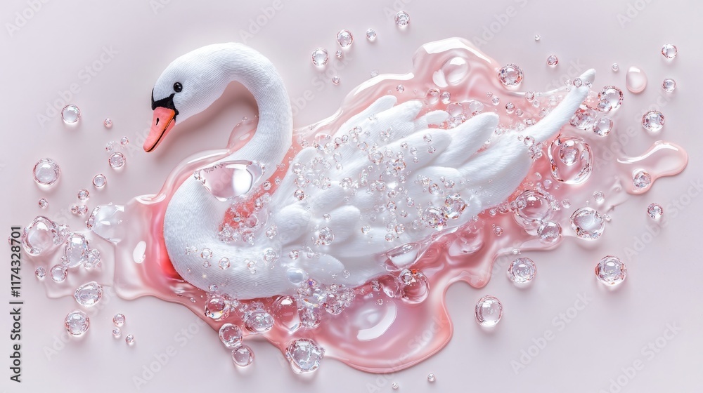 Obraz premium Elegant swan amidst pink bubbles and water droplets