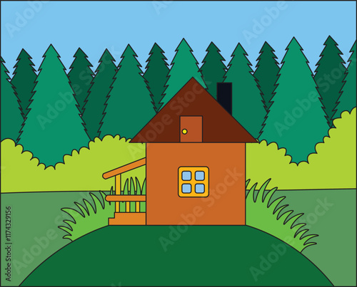 cute wooden house in the forest on a green hill in a summer coniferous forest