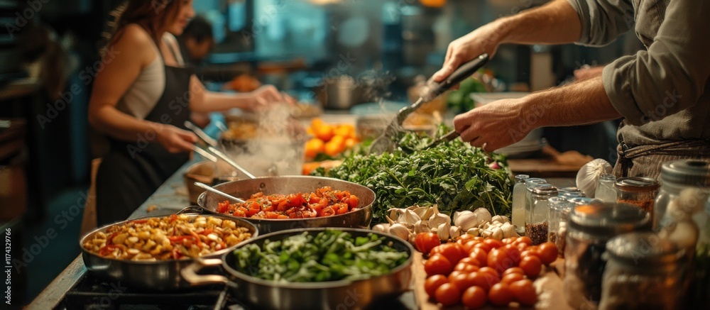 Obraz premium Chef preparing a meal in a kitchen with vegetables, tomatoes, and other ingredients on the counter.