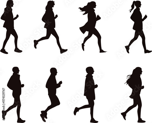 People running and jogging silhouettes in different poses and speeds