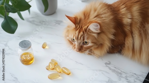 Nutrient-rich additives like fish oil, taurine powder, and vitamin supplements laid out for cat food preparation