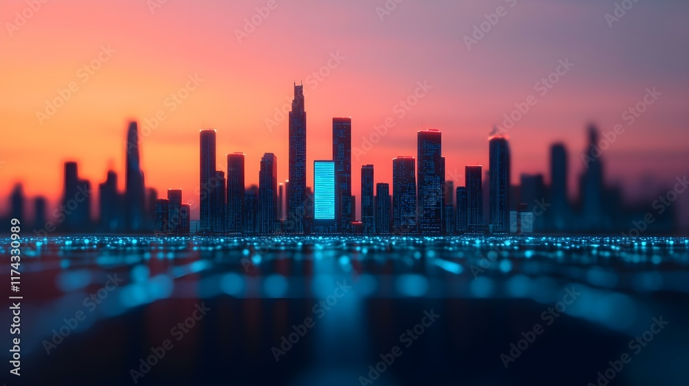 Obraz premium Dramatic Sunset Over Urban Skyline with Silhouetted Skyscrapers and Reflections in Water
